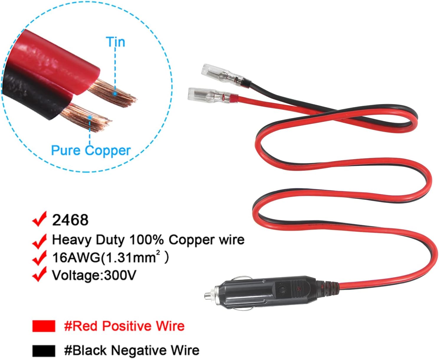 2FT 12Volt Replacement Cigarette Lighter Male Plug with Leads - Car Cigarette Lighter Male Plug to Bullet Female Terminal with Lead Cigar Plugs Power Supply Heavy Duty Cord Led Light 15Amp (2FT-1PACK)