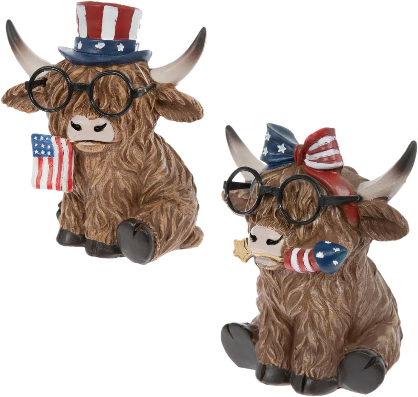 Hobby Lobby Patriotic Highland Cow Figurine with America Sign, 4th of July Home Decor, Red White and Blue Uncle Sam Hat, Resin and Metal, 13 x 8 x 8 Inches