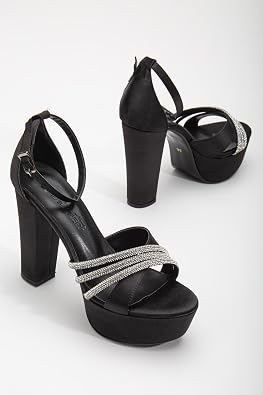 Satin Cross Stone 40mm Black Womens Platform Heeled Evening Shoes