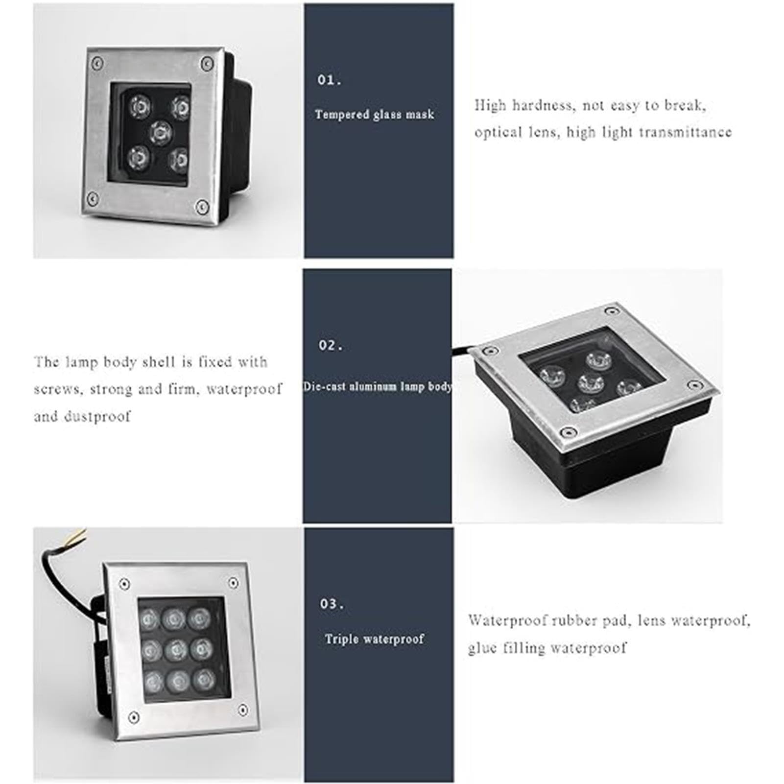 Lampa LED do zabudowy – reflektor punktowy LED 12 V, wodoszczelna IP67, do zabudowy w podłożu, kwadratowa lampa ogrodowa niskonapięciowa do użytku na zewnątrz (żółte światło, 18 W)
