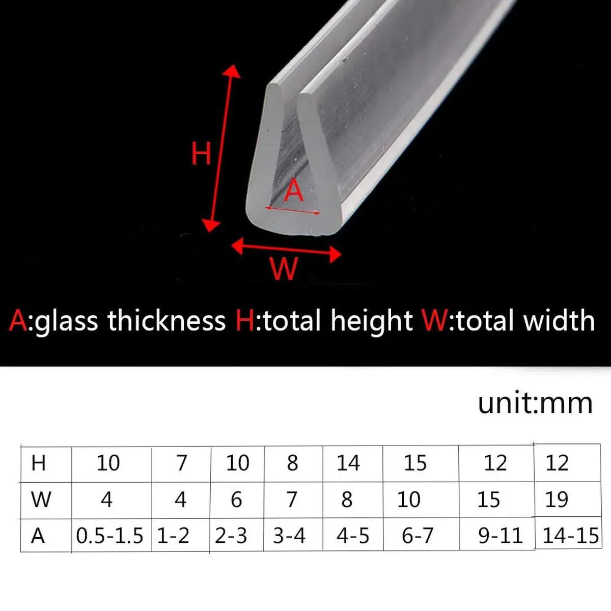Bande d'étanchéité en caoutchouc Transparent 2 mètres, canal en U, coupe-froid 10x6mm pour porte de douche en verre