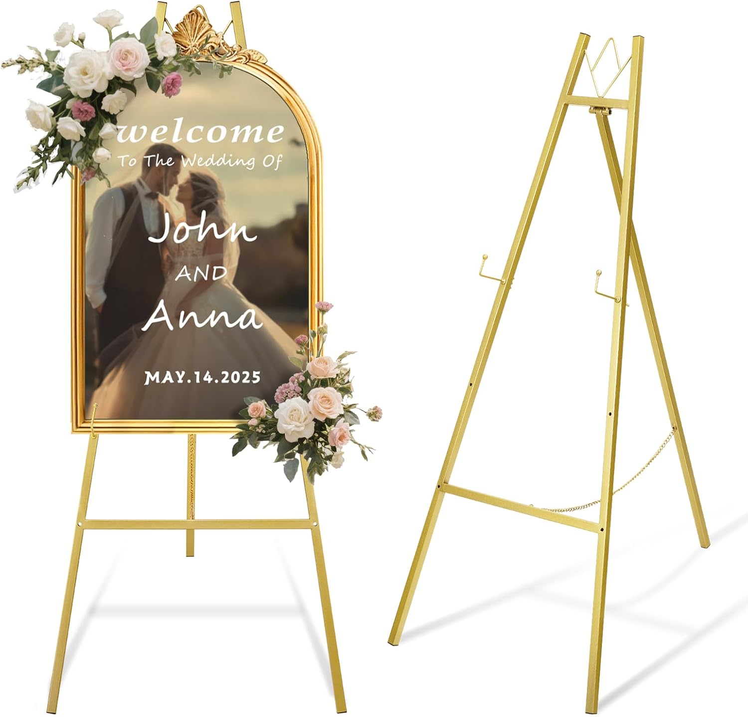 WATIHERE 46.7" Gold Easel Stand for Wedding Signs – No Assembly Needed, Adjustable, Sturdy Display for Art, Paintings, Posters, Pictures, and Home Décor