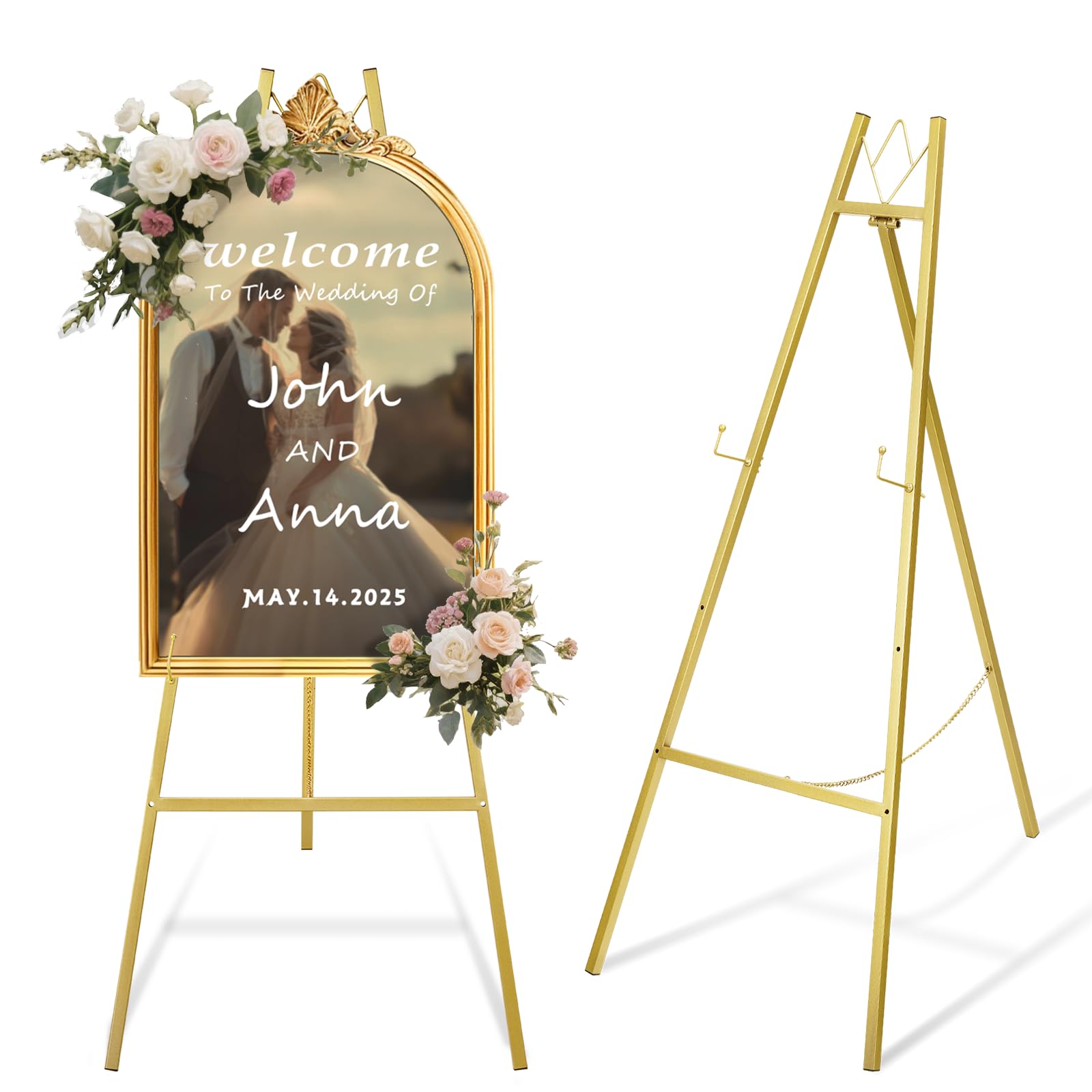Photo 1 of WATIHERE 57.5" Gold Easel Stand for Wedding Sign – 4 Adjustable Height Levels, Assembly Required, Heavy Duty Metal Display Stand for Art, Paintings, Posters, Pictures, and Home Décor