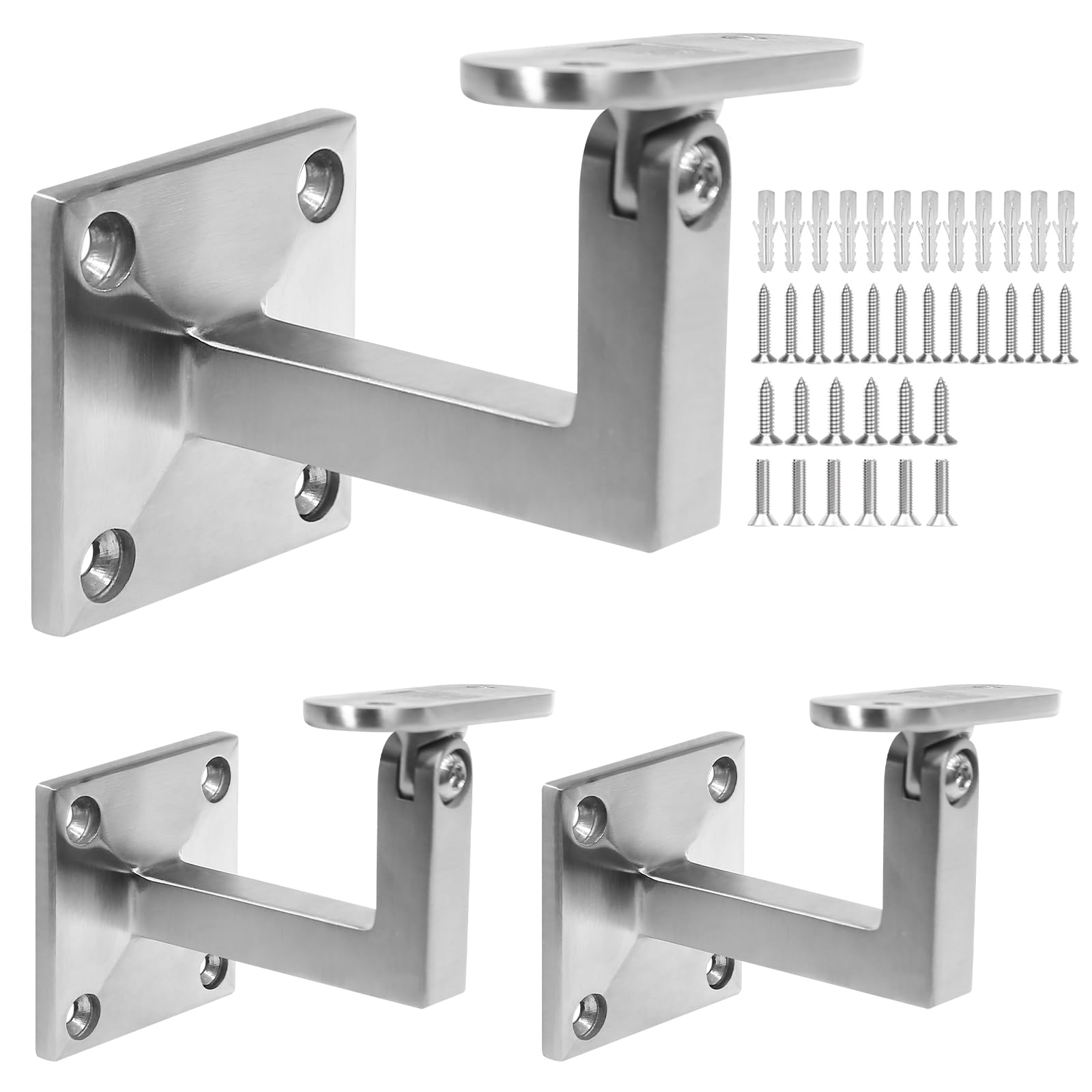 Adjustable Handrail Brackets, 304 Stainless Steel Stair Railing Bracket, Satin Finish Wall Mount for Stair Railing Indoor Outdoor - 3 Pack