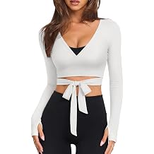 Pilates Wrap Top for Women Long Sleeve Cropped Tie Front Back V Neck, Secure Fit Ballet Top for Yoga Dance Workout