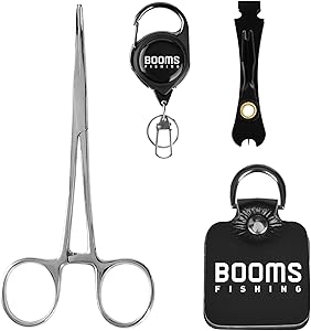Booms Fishing FF2 Fly Fishing Accessories and Tools Kit: Forceps, Nipper, Line Straightener, Zinger, Two-Sided Fly Box Assortment