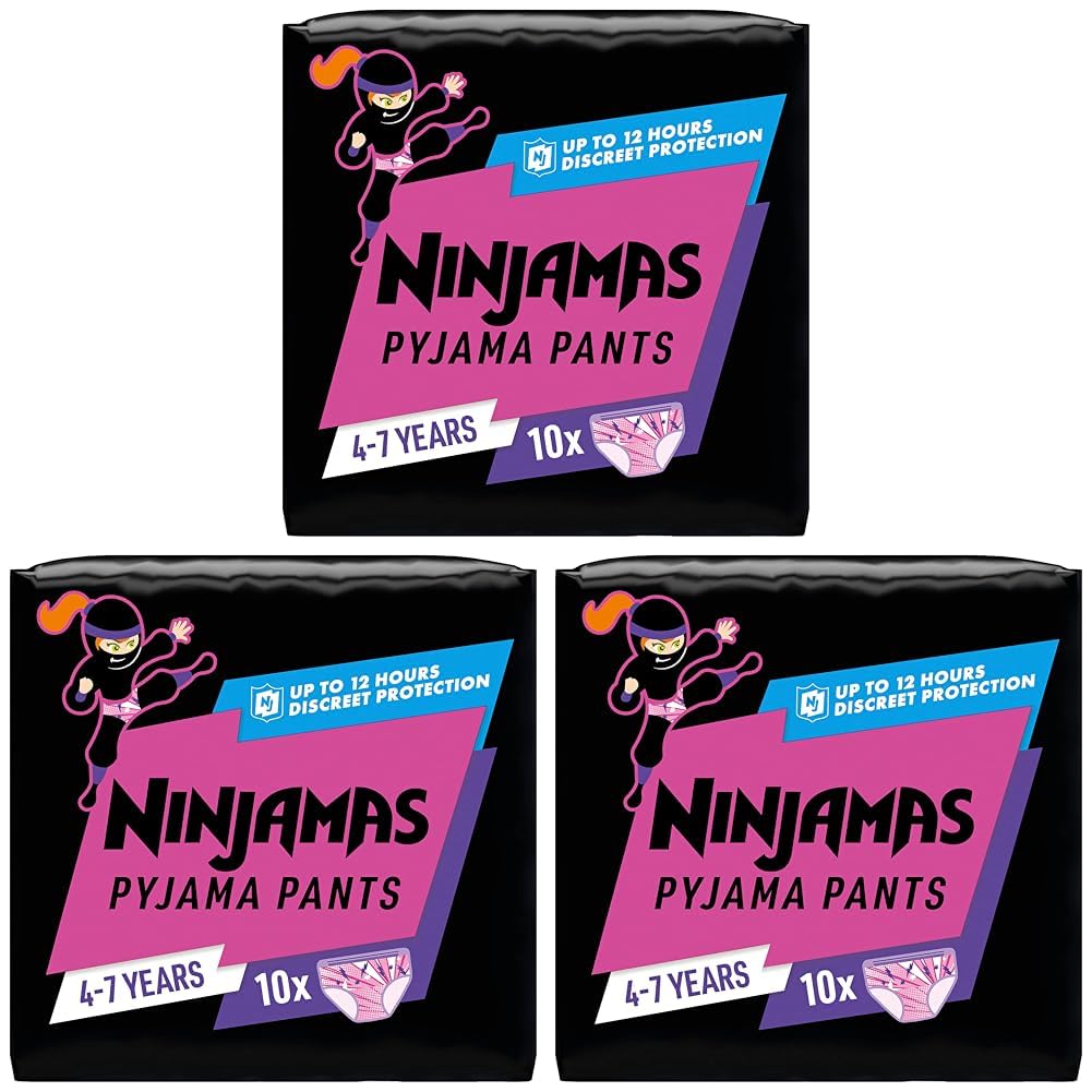 Ninjamas Absorbierende Nachthöschen Für Mädchen, 10 Pyjamahöschen, 4-7 Jahre, 17-30kg, Auslaufschutz Für Die Ganze Nacht (Packung mit 3)