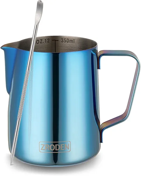 Milk Frothing Pitcher, 12oz Espresso Steaming Pitchers Stainless Steel Cappuccino Coffee Machine Accessories Barista Tools Steam Froth Pitchers Milk Jug Cup with Decorating Pen Latte Art, Blue