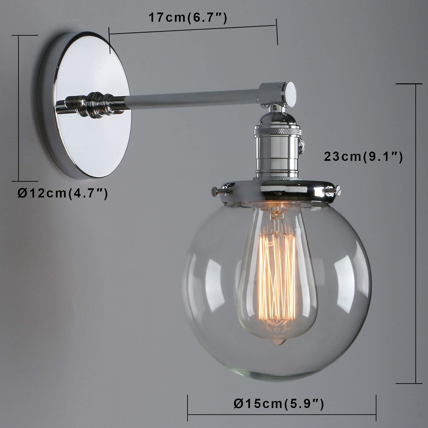 Phansthy Industrial Wall Light Globe Wall Sconce with 5.9 Inch Clear Glass Canopy (Chrome)