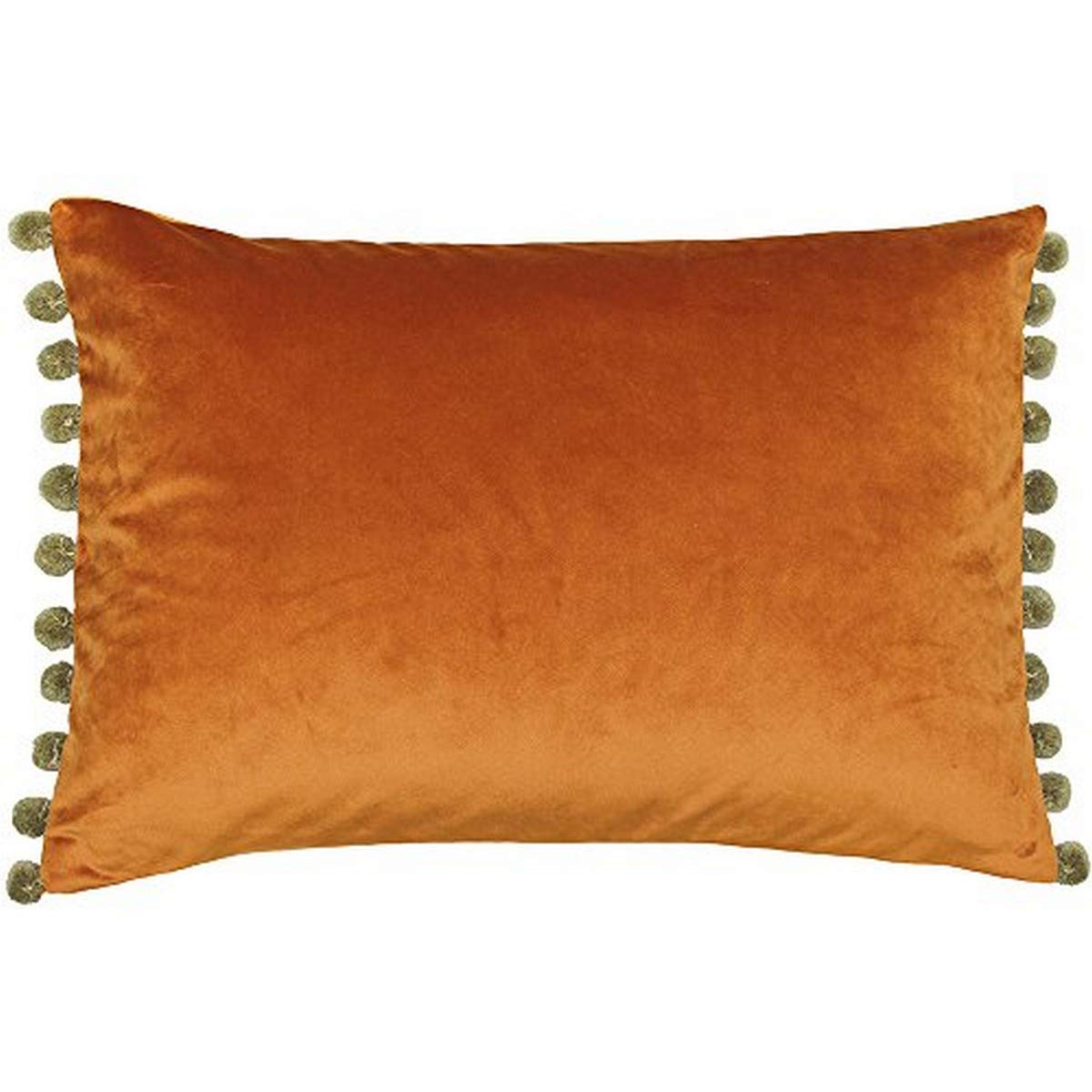 Riva Paoletti Fiesta Rectangular Feather Filled Cushion Orange Green Pompom Edges-faux Velvet Fabric-discreet Zip Closure-100 Case (14" X 20" Inches), Polyester, Rust/khaki, 35 X 50cm