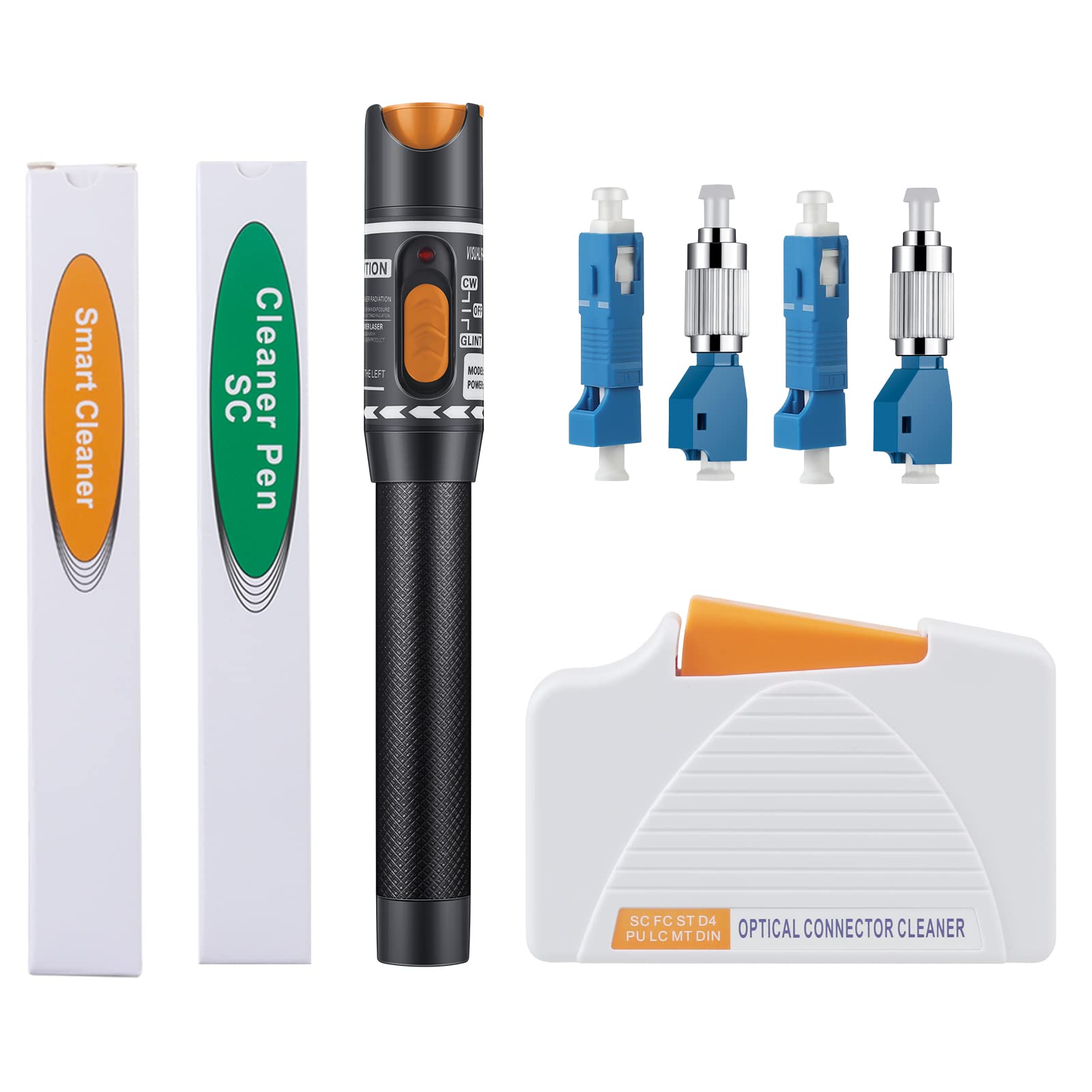 2 pcs Fiber Optic Cleaner Pen for LC/MU/SC/ST/FC Connector & 1pc Fiber Cleaner Box & 10km Visual Fault Locator & 2pcs FC to LC Adapter & 2pcs SC to LC Adapter