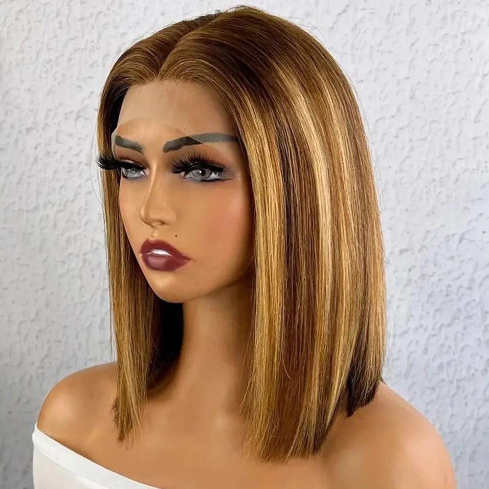 Parrucca Parrucca Bob Ombre Corta 13x4 Capelli Umani Lisci 4/27 Parrucche Frontali in Pizzo Biondo Miele Parrucca Donna(14inches)