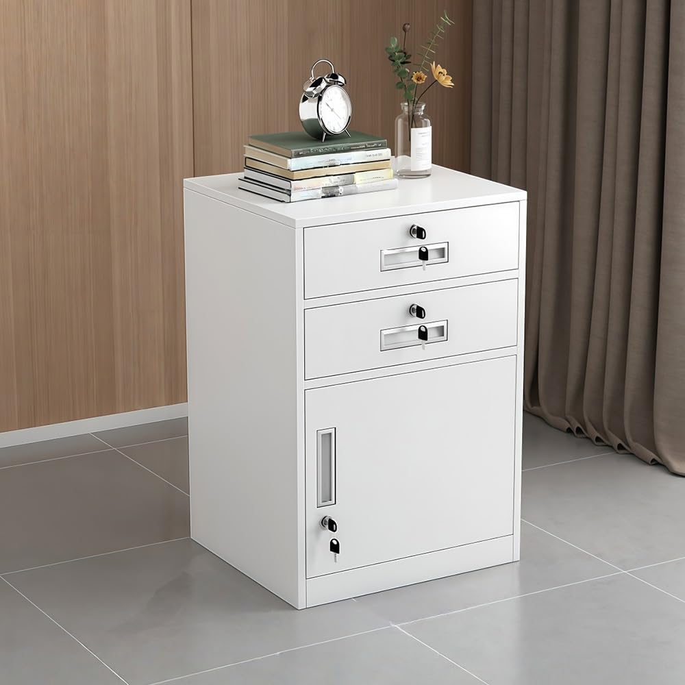 Lockable Metal File Cabinet with Drawer, Floor-Standing Filing Cabinet with Adjustable Shelf, Under Desk Storage Box for Home Office, Bedroom, Study, White(White,2 Draws)
