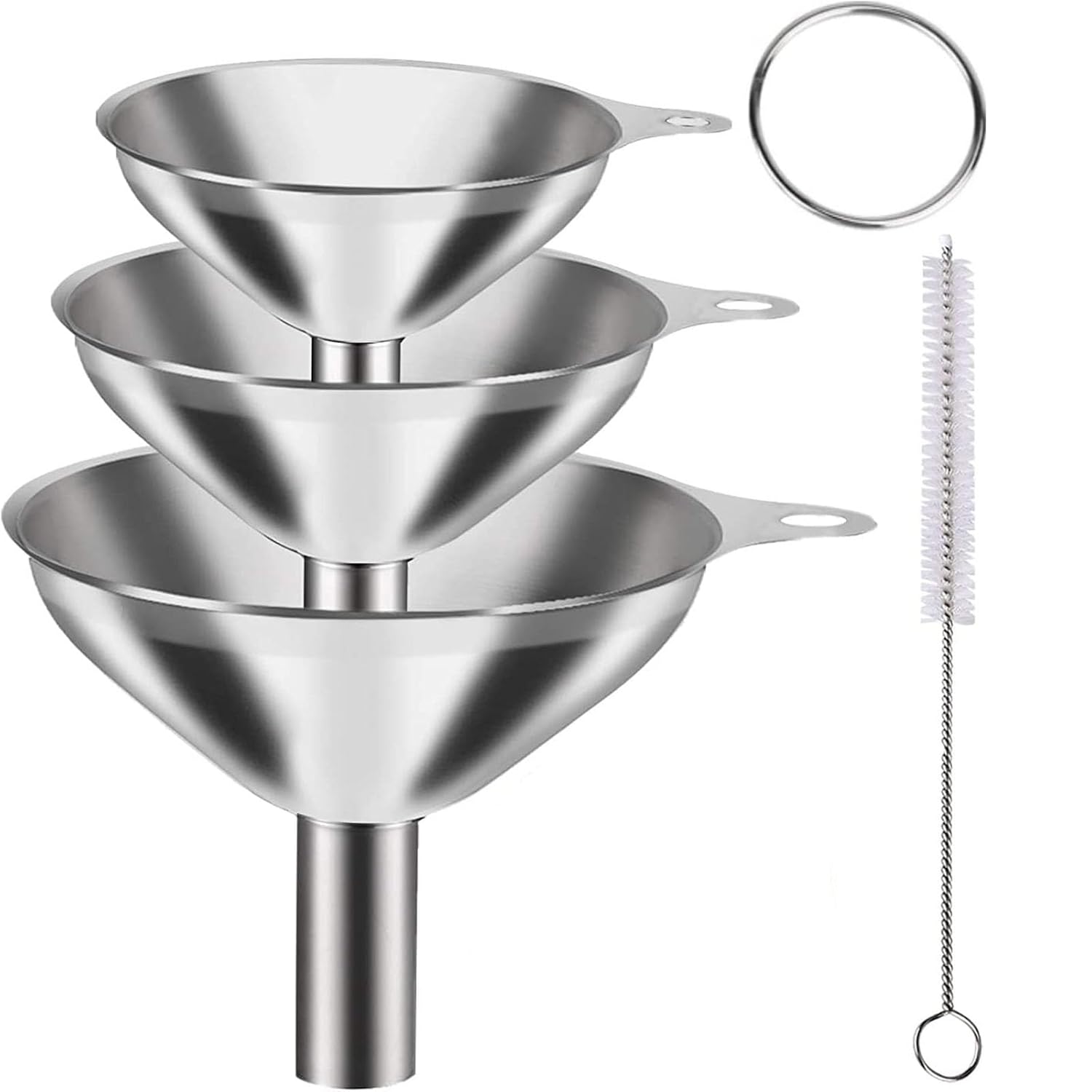 3pcs Stainless Steel Funnel Set, Metal Kitchen Funnels with 1 Cleaning Brushes for Transferring Jam, Cooking Oils, Liquids, Powders(1.78inch/ 2.16inch/ 2.95inch)