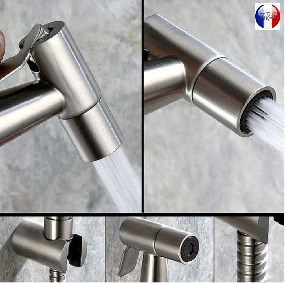 BbfStyle - Marque Française - SUS 304 - Kit douchette WC pour l'hygiène intime - Avec Vanne 3 voies aux Standard Français (3/8"-12x17mm) - Métallique - Finition Nickel Brossé - Taharat