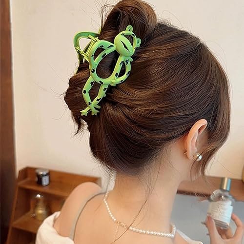 Miniatura 5 de Paquete de 2 pinzas de metal grandes para cabello grueso y fino, pasadores antideslizantes de sujeción fuerte, bonito diseño de rana verde para