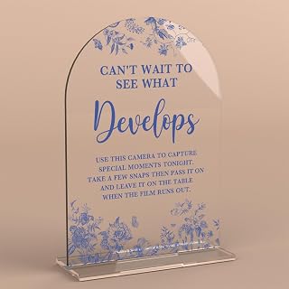 Acrylic Wedding Signs, Dusty Blue Wedding Decor, Blue Weddings Decor, Modern Calligraphy Arch Acrylic Table Top Sign for Weddings Parties Dinners - Can't Wait to See What Develops (Clear)