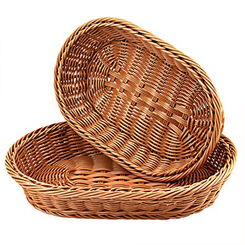 WANDIC 2 Pack Poly-Wicker Baskets, Stackable Imitation Vine Oval Wicker Trays for Food Presentation, Vegetables, Home Kitchen & Restaurant (Brown/2 Sizes)