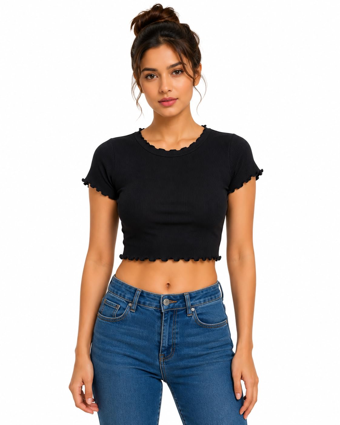 Women's Ribbed Crop Top | Round Neck Short Sleeve Stretch T-Shirt | Lettuce Hem Slim Fit Casual Solid Top for Women & Girls-picture-37