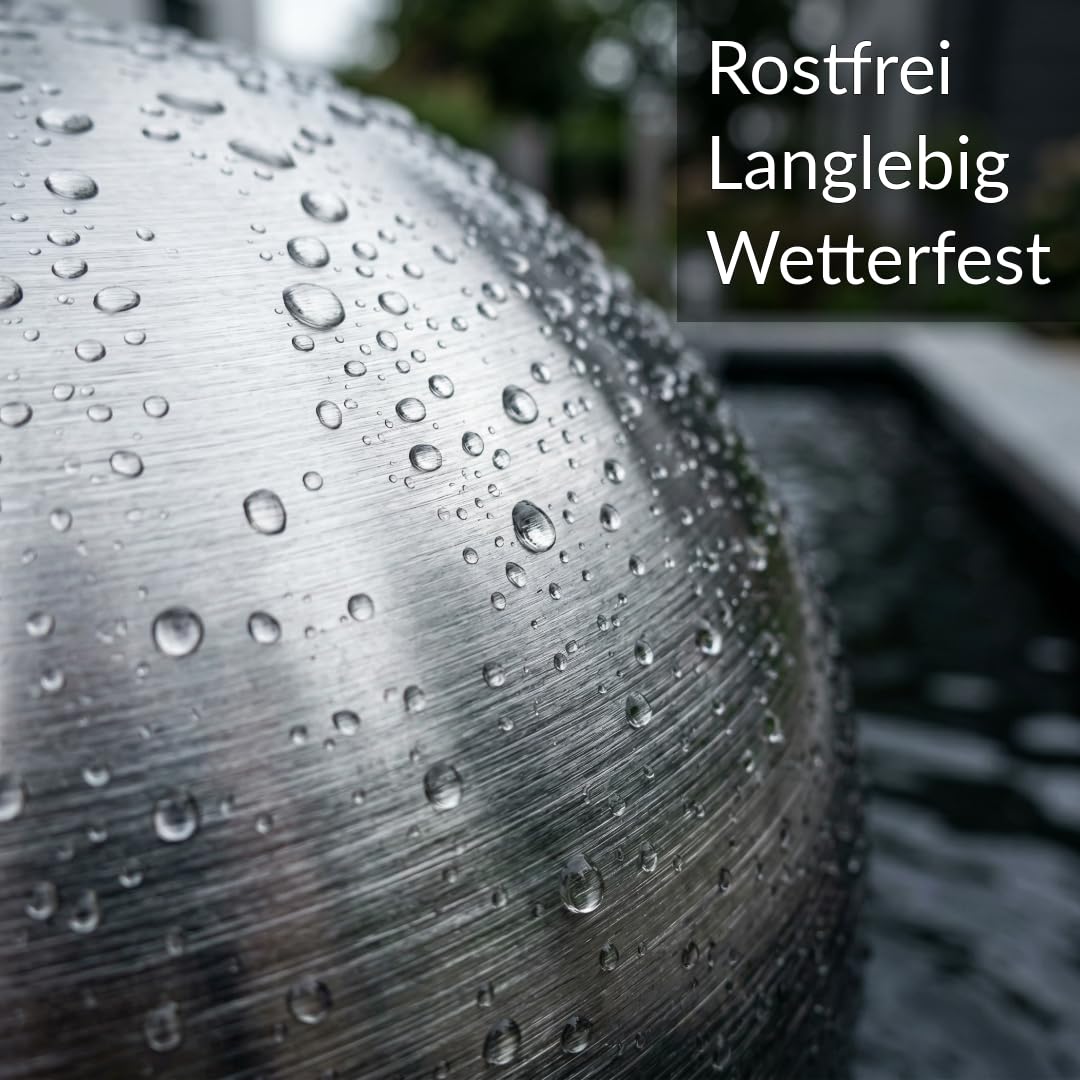 Kugelbrunnen aus matt gebürstetem Edelstahl D: 38 cm – Edelstahlkugel matt für Gartenbrunnen, Wasserspiel Garten, 30 mm Lochbohrung, 1/2 Zoll Schlauchanschluss, Edelstahlbrunnen für DIY Brunnenanlagen