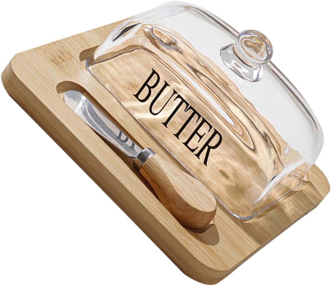 SECFOU 1set Butter Tray with Glass Dome Lid Transparent Butter Storage Box Elegant Design for Kitchen Countertop and Cooking Preparation Natural Wood Finish