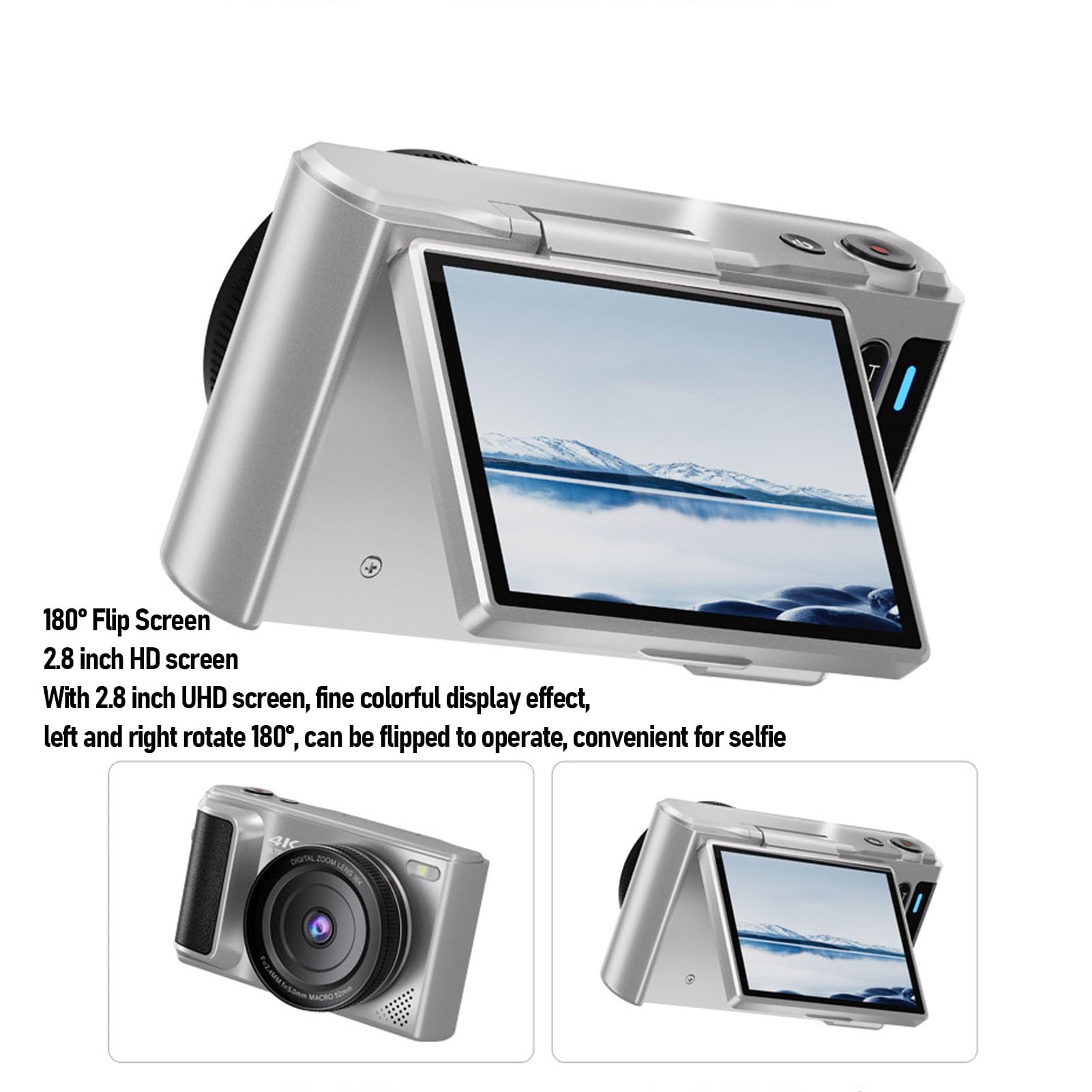 Camera Digitale 4K per Fotografia, Fotocamera Vlogging AutoFocus da 64 MP con Schermo a Flip a 180 ° da 2,8 '', Zoom Digitale 16x, Punto Compatto e Fotocamera di Tiro con (SILVER)
