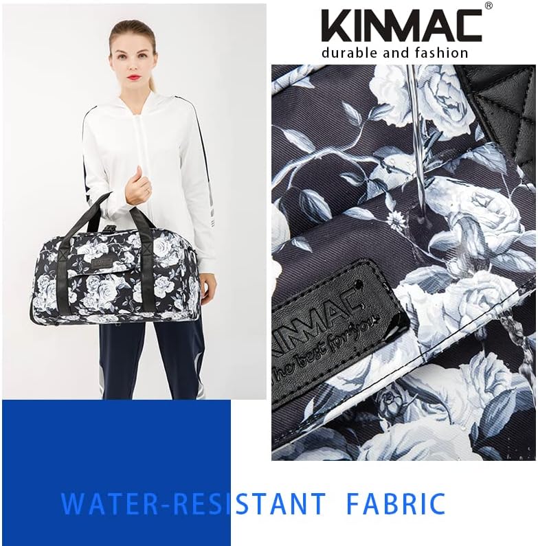 Kinmac Travel Duffel Bag For Women,Sports Gym Yoga Duffel Bag Weekender Overnight Totes Bag with Shoes and Wet Compartment (White Rose) - Image 4