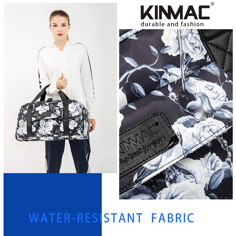 Kinmac Travel Duffel Bag For Women,Sports Gym Yoga Duffel Bag Weekender Overnight Totes Bag with Shoes and Wet Compartment (White Rose)4