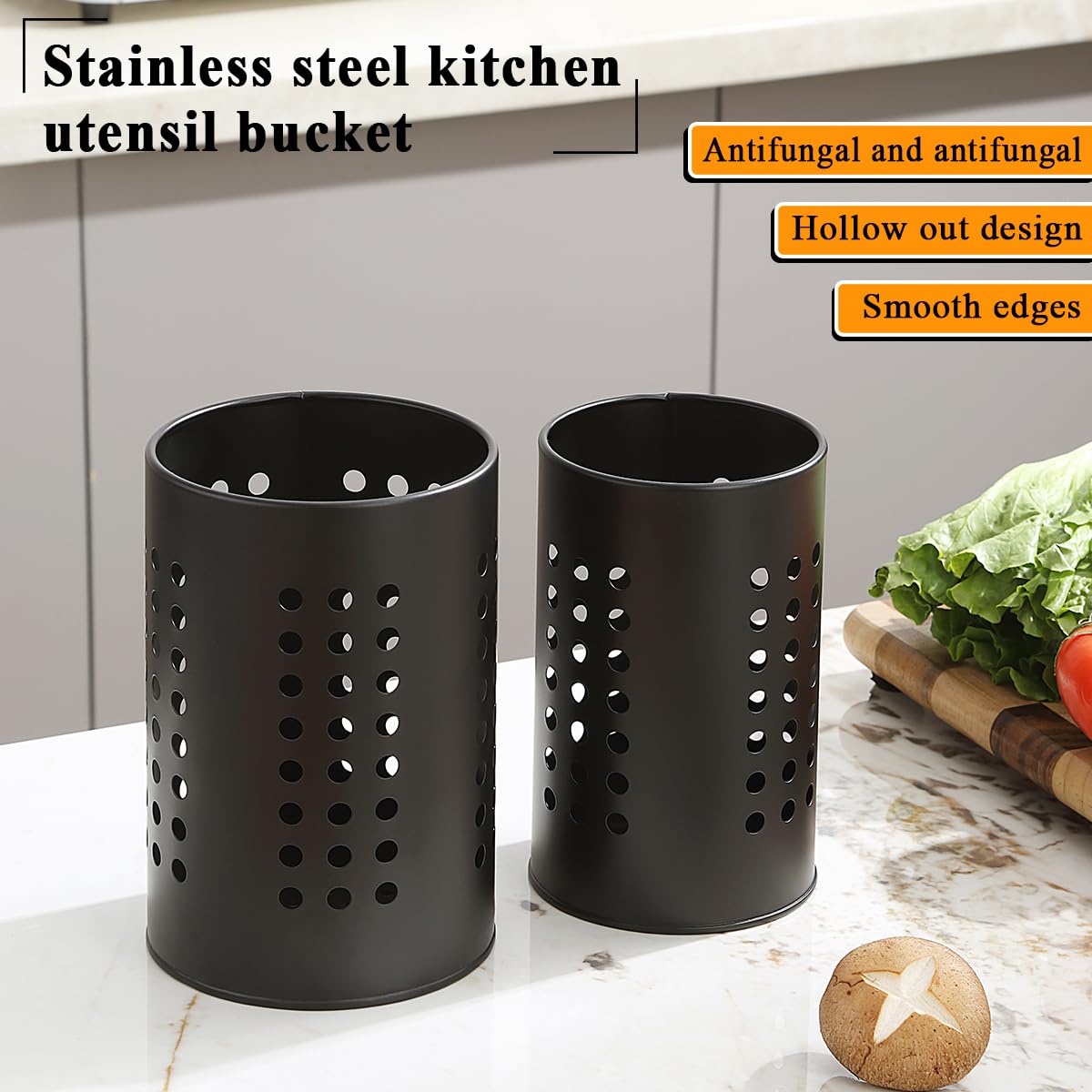 Evanda Kitchen Utensils Holder for Countertop Pack of 2, Stainless Steel Black Utensils Caddy - Image 3