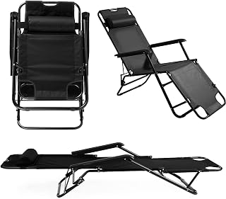 Vasitelan Outdoor Patio Foldable Lounge Chair with Pillow, Folding Reclining Lounge Chair for Outside,Patio, Balcony, Backyard, or Porch (Black)