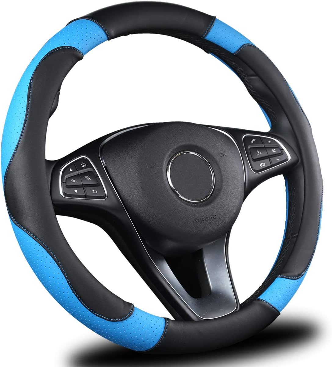 Steering Wheel Cover for Car, Universal 15 inch, Odorless, Breathable, Anti-Slip, Sporty, Soft and Snug Grip (Blue | Black)