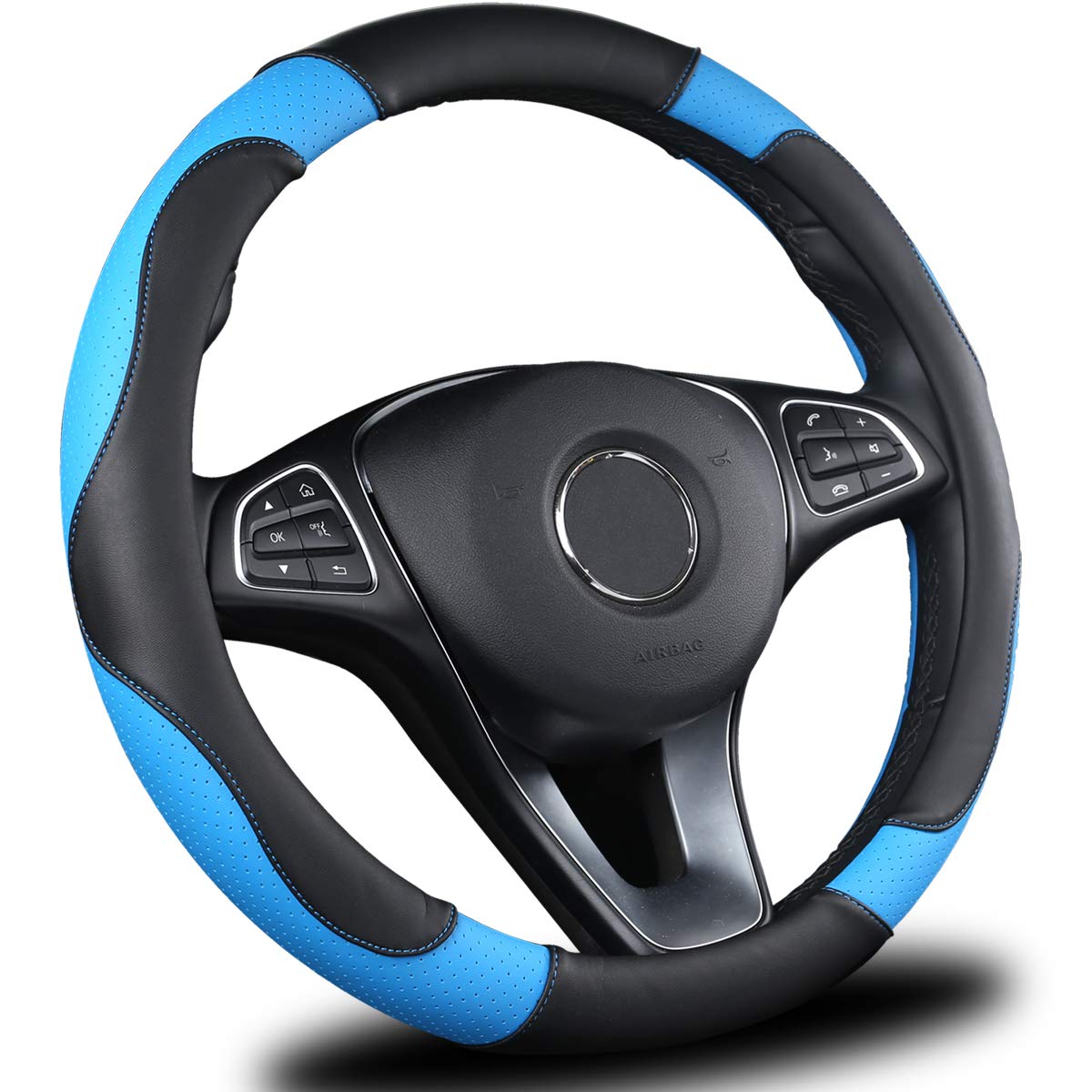 Steering Wheel Cover for Car, Universal 15 inch, Odorless, Breathable, Anti-Slip, Sporty, Soft and Snug Grip (Blue | Black)