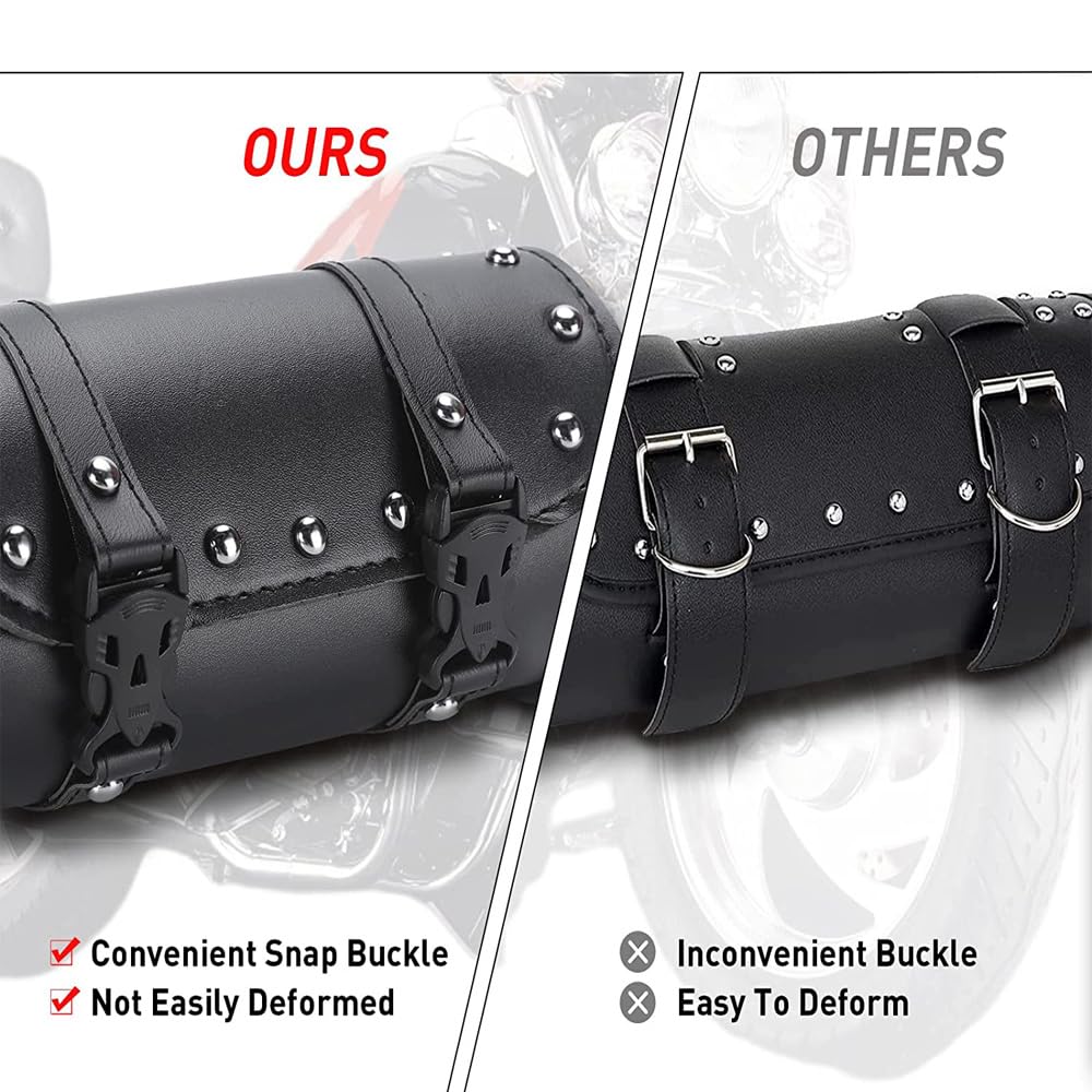 Sacoche Outils Moto Cuir PU Ronde – Sac Fourche Arrière Étanche Avec Sangles, Pour Harley, Custom, Sportive, Scooter