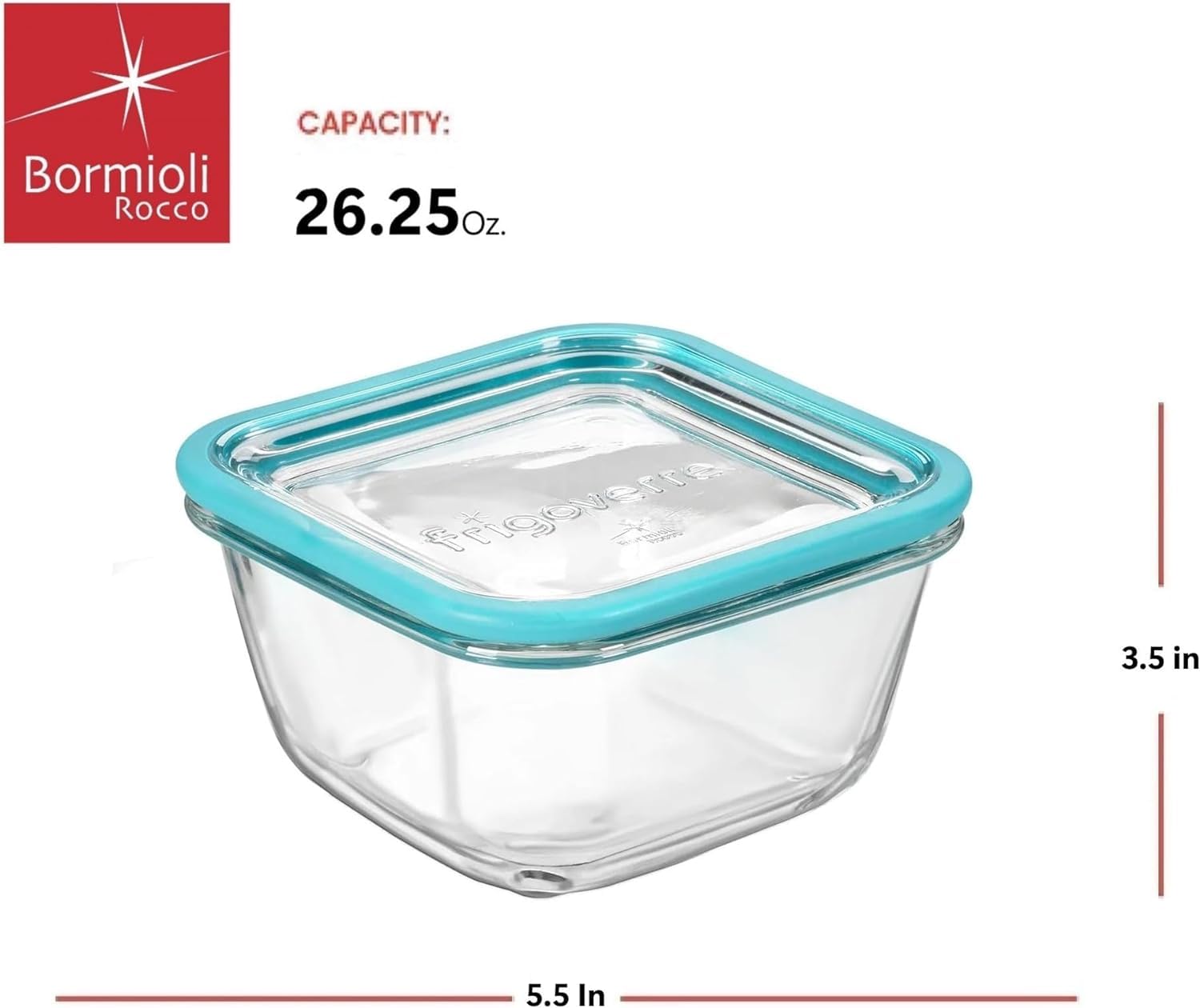 Bormioli Rocco Frigoverre Future - Recipiente cuadrado para almacenamiento de alimentos, hecho de vidrio duradero, apto para lavavajillas, fabricado en Italia