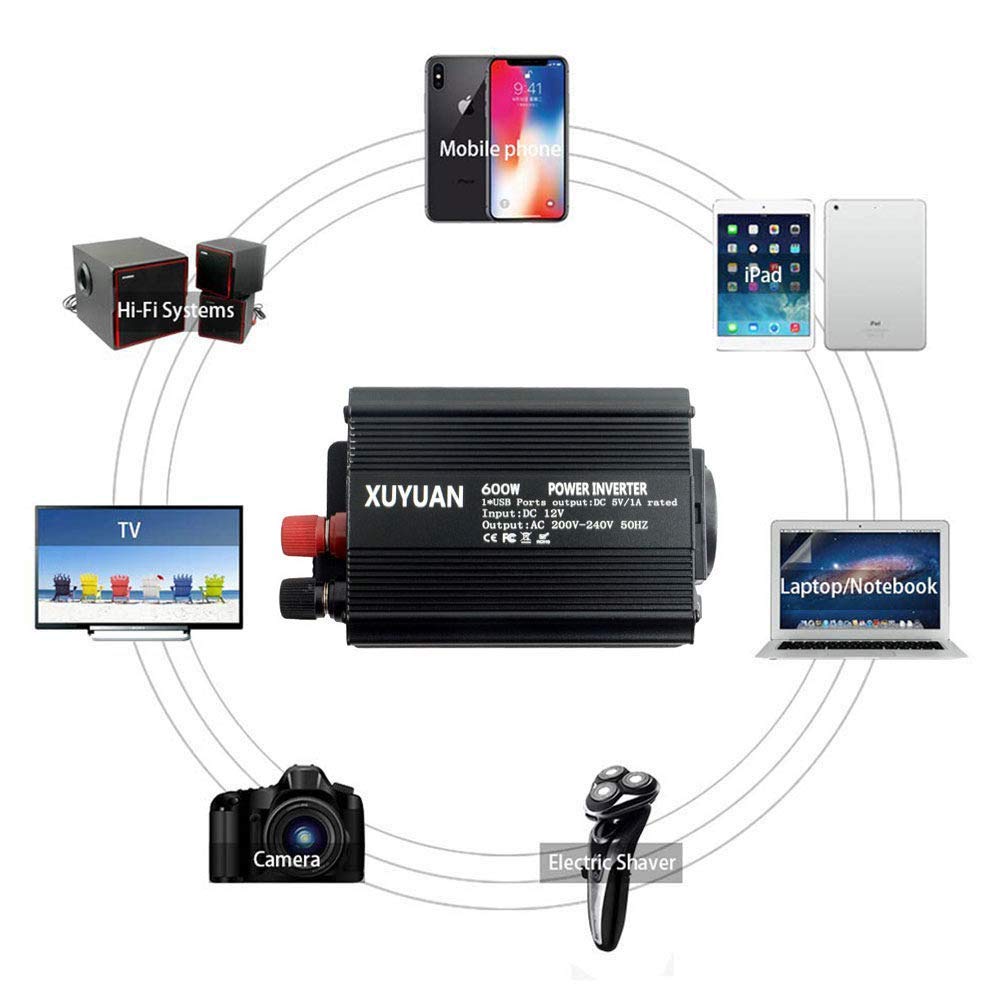 Convertidor de Voltaje 600W 12V / 24V a 210V, inversor de Coche 220V, con conexión USB, conexión a Corriente alterna, para portátiles, videoconsolas, iPad, etc.