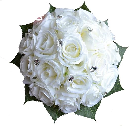 Amazon ウェディング ブーケ ラインストーン 人工的なバラのレースのリボンと結婚式のブーケ 完璧な結婚式 教会 パーティーや家の装飾 ピンク 白のオプション 忘れられない結婚式 色 白 造花 オンライン通販