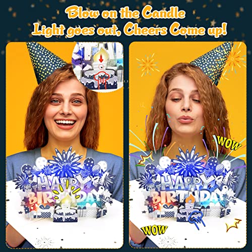 Image of INPHER Musical Birthday Card 3D Pop Up with Light Blow Out LED Candle and Plays Happy Birthday Music Surprise Greeting Cards Gifts for Women Navy Silver