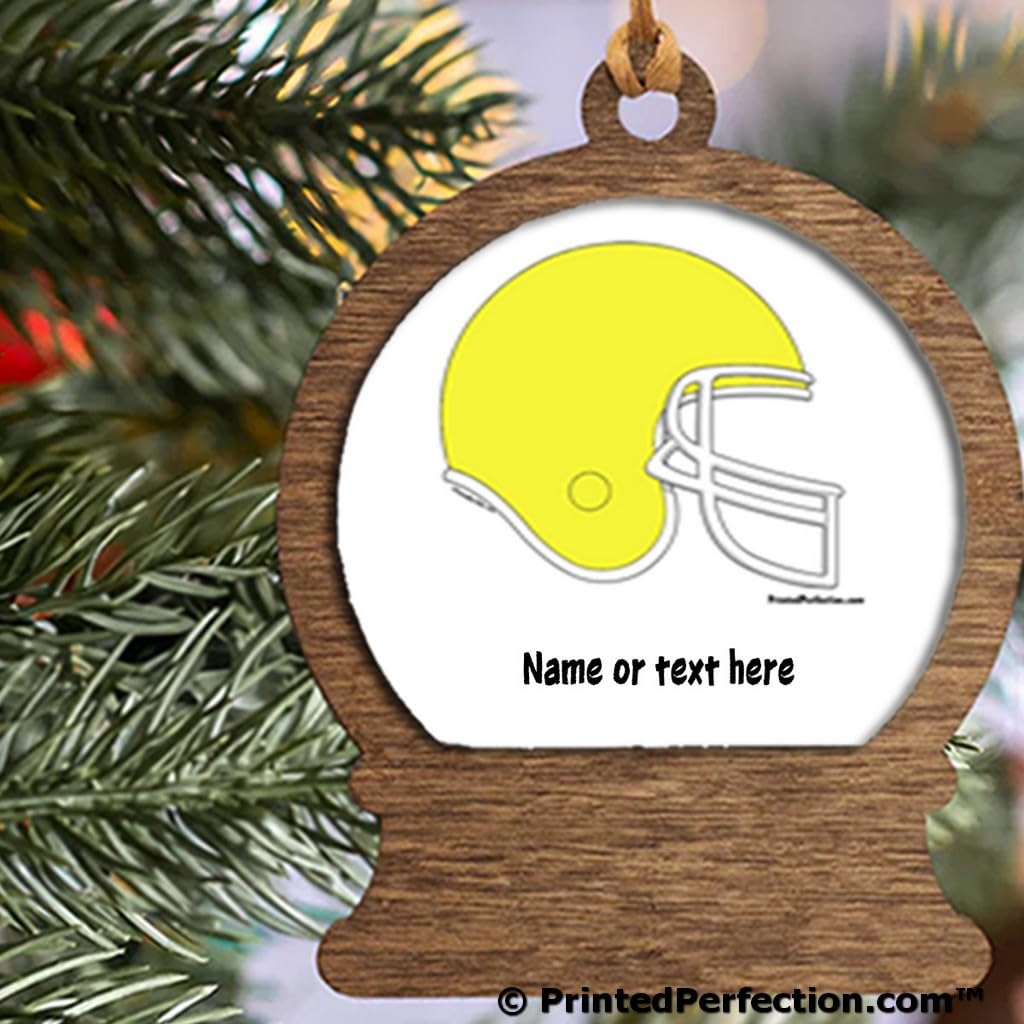PrintedPerfection.com Personalized Football Helmet - Yellow Wooden Snow Globe Shaped Christmas Ornament