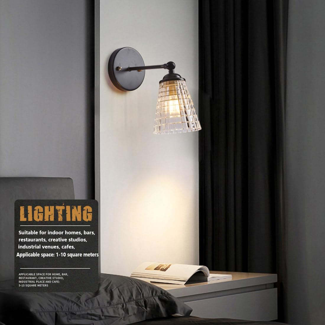Applique da Parete Industriale Vintage con Paralume in Vetro Trasparente, Regolabile in Altezza, Ideale per Interni Come Soggiorno, Camera da Letto, Bagno, Loft e Cucina (Stile B)