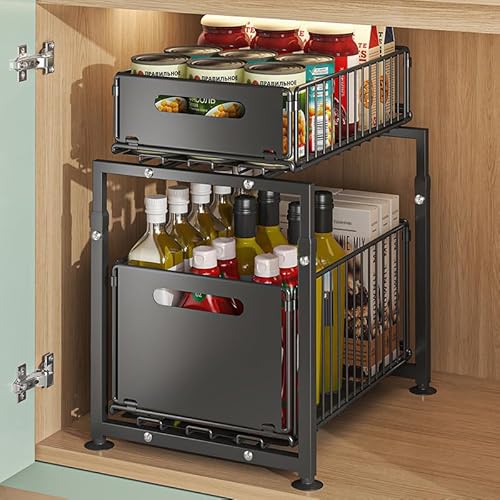 Rangement Sous Evier Cuisine, Range Epices Cuisine Tiroir avec Hauteur Réglable 41-49cm, 2 étages, Extensible, étagère de Cuisine, Plan de Travail en Métal, pour Salle de Bain, Cuisine (Double Couche)