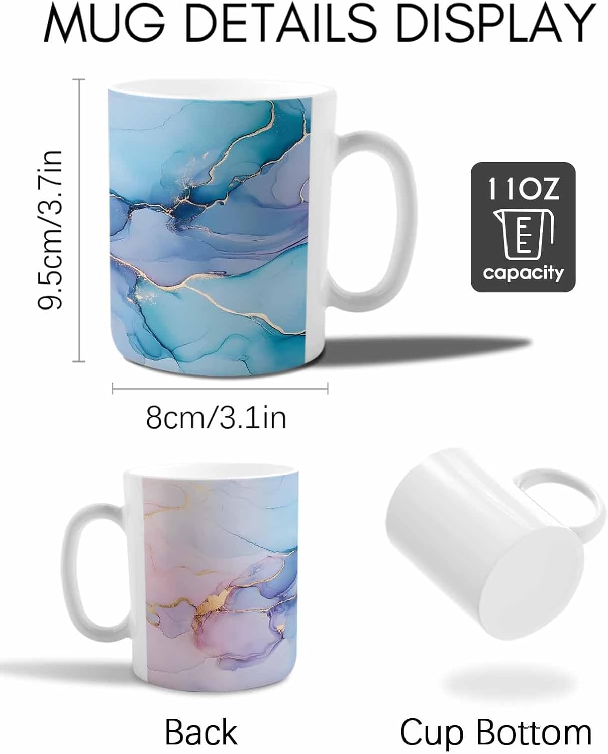 BEMIGO Ceramic Coffee Mug Marble Ceramic Mug White Cup, Turquoise Pink Gradient Insulated Coffee Cup with Handle with Pattern Perfect for Tea and Hot Beverages, 12oz