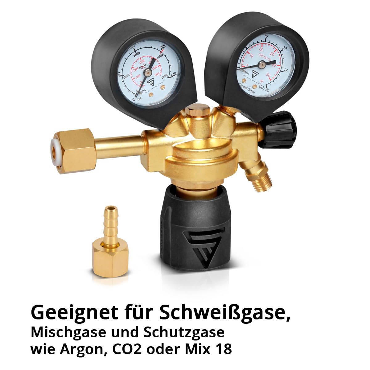STAHLWERK Druckminderer ST-300 Pro – bis 300 bar, aus hochwertigem Messing, nach DIN EN ISO 2503, für Argon, CO2, Mix 18 & Schutzgase, mit W21,8 x 1/14" Gewinde, stufenlos regelbarer Druckregler