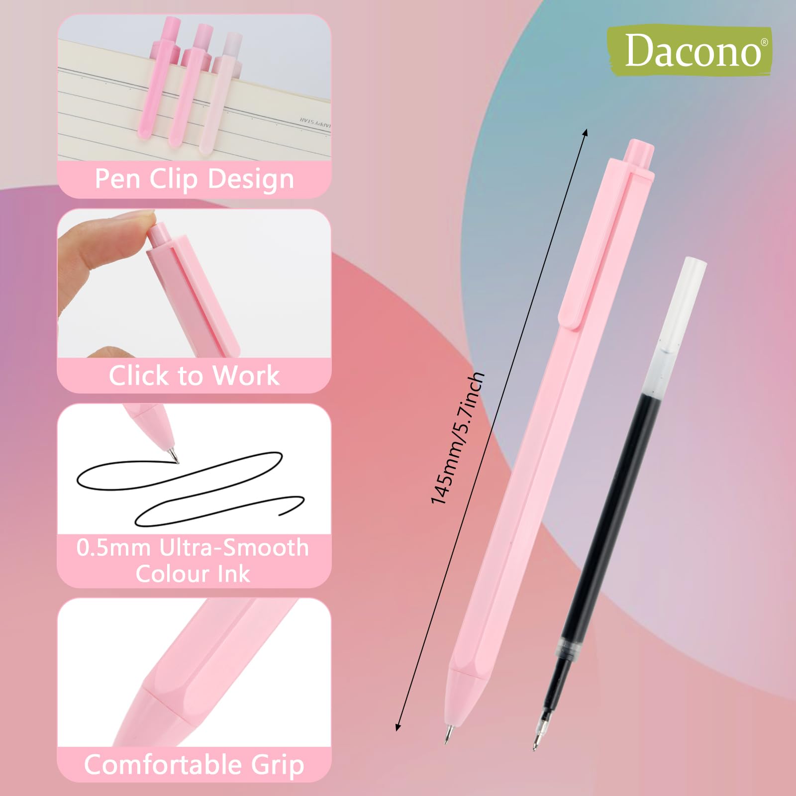 Ästhetische Kugelschreiberstifte （Macaron Rosa） Pastell Roller Kugelstifte, 0,5 mm Einziehbare Gel - Tintenstifte | Schwarze Tinte | Netter Ball Point Pen - Pack von 5