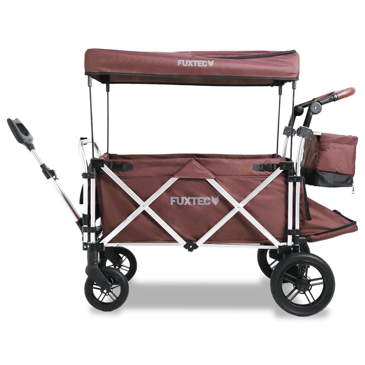 FUXTEC Bollerwagen faltbar FX-CTL950 Braun mit Dach - Transportwagen klappbar | Hecktasche, Komfort-Schiebegriff & Innenraumverlängerung | 5-Punkt-Gurt | Handwagen/Leiterwagen – Das Original