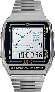 TIMEX Q Digital Watch for Man with Silver Square Dial & Silver Stainless Steel Bracelet Band Water Resistant Men's Wrist Watches - TW2U72400U9