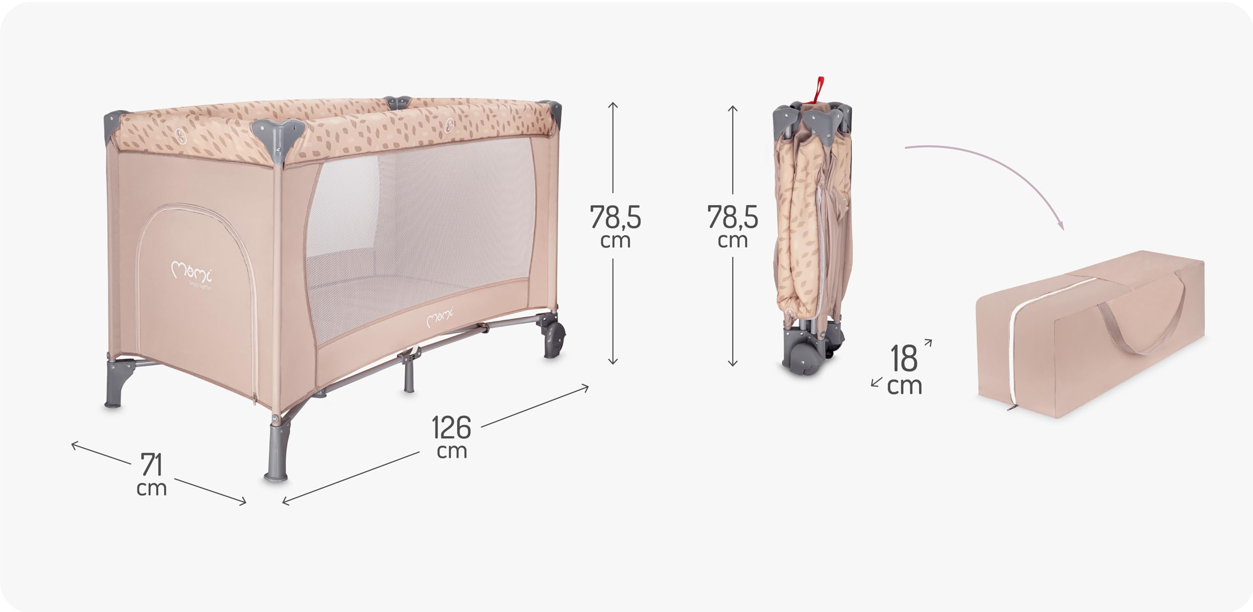 Momi BELOVE lettino da viaggio per bambini fino a 15 kg, 125x65x78 cm, pieghevole 21x23x80 cm, con materassino, 2 ruote e borsa per il trasporto