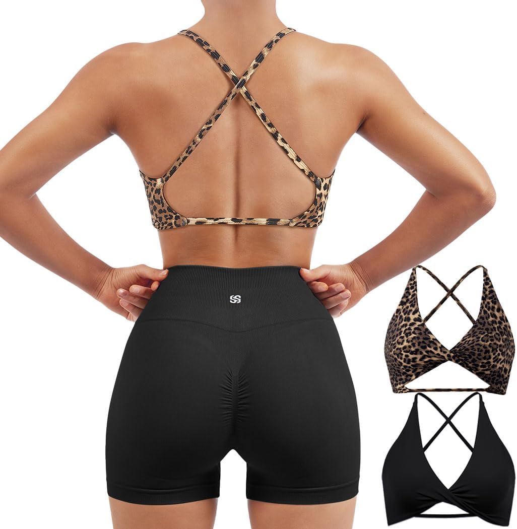 SUUKSESS Women 2 Piece Open Back Strappy Sports Bra Pack Twist V Neck Workout Crops