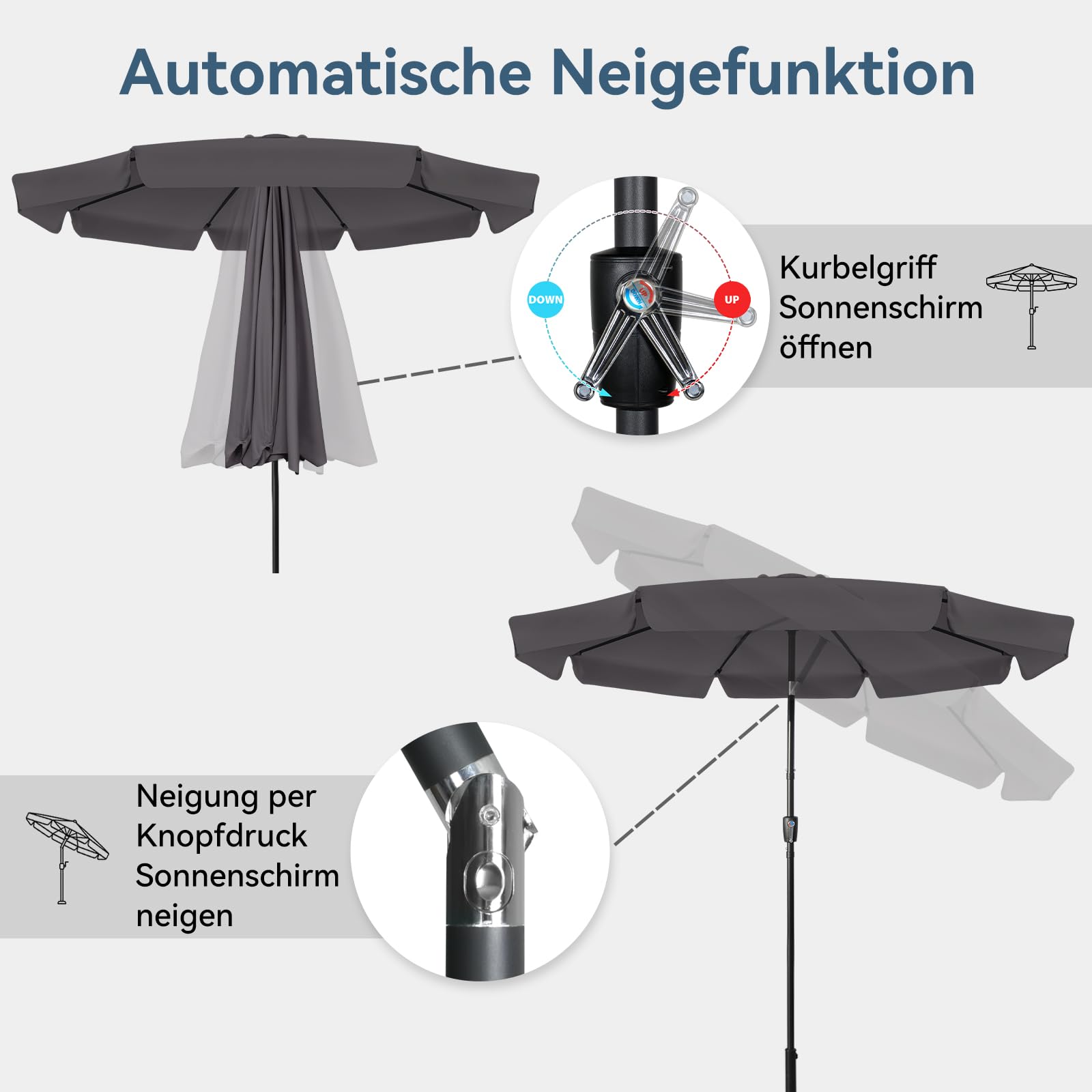 Sonnenschirm Balkon 300 cm Gartenschirm mit Kurbel Sonnenschutz UV-Schutz Wasserabweisend Marktschirm mit Volant Beidseitig Knickbar höhenverstellbar für Garten Terrasse Ohne Ständer