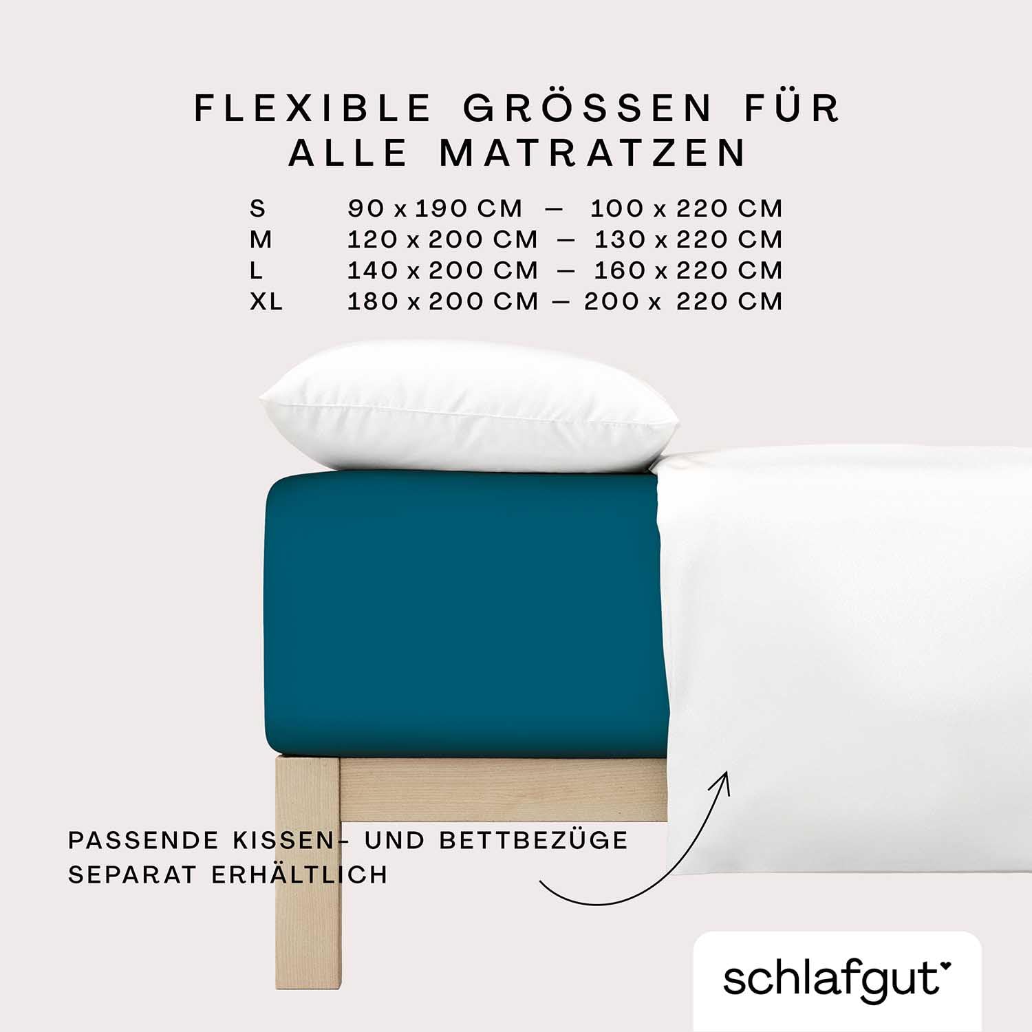 schlafgut Pure Boxspring Spannbettlaken 140x200 cm Baumwolle, Petrol Deep | Bettlaken, Spannbetttuch 160x200, 160x220 cm, Petrol, Boxspringbett, bis 40 cm Steg, Bio Baumwolle Elasthan, Made in Green