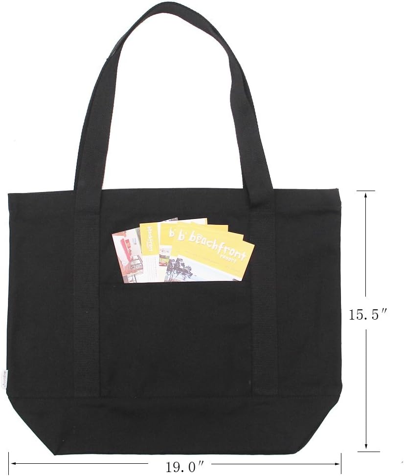 Heavy Duty 100% Cotton Canvas Zipper Beach Shoulder Grocery Tote Bag With Outer Pocket 2-pack - Image 3